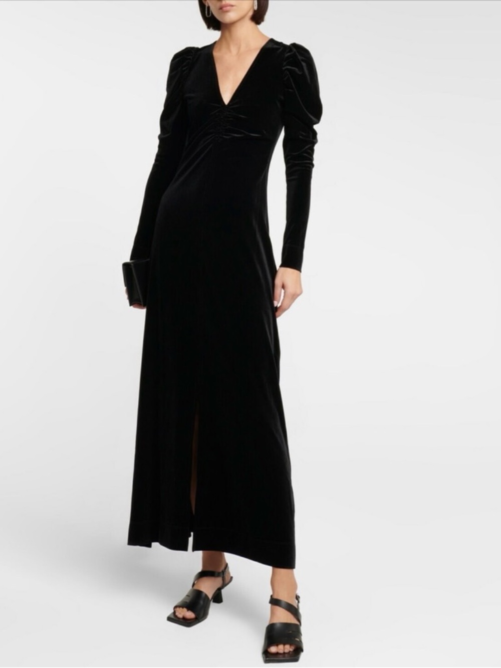 Ganni Black Velvet V-Neck Maxi Dress with Puff Sleeves